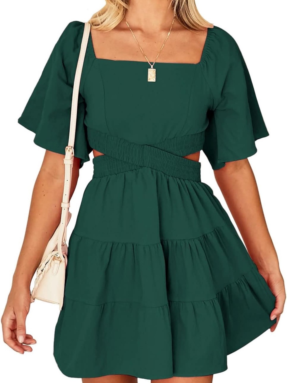 Teal Square-Neck Tiered Cutout Mini Dress open back 100% cotton